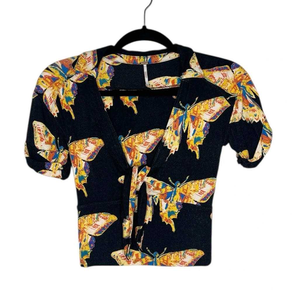Free People Whimsical Butterfly Print Ready Set Sail Tie Front Crop Top size XS